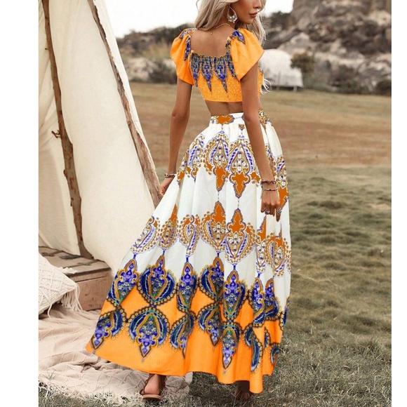 Boho Tribal Print Cropped Top Maxi Skirt Set - Picture 11 of 14